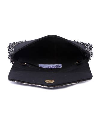 Black raw silk hand embroidered clutch bag 4