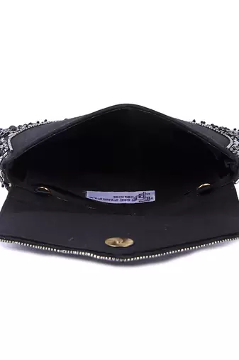 Black raw silk hand embroidered clutch bag