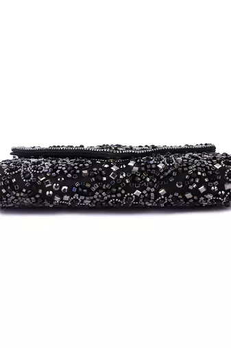 Black raw silk hand embroidered clutch bag