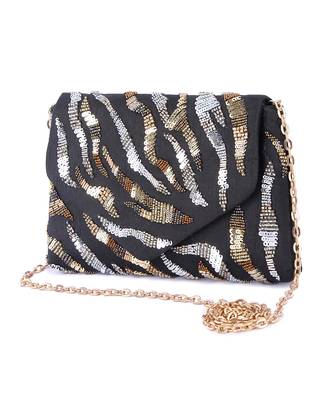Black raw silk hand embroidered clutch bag 2