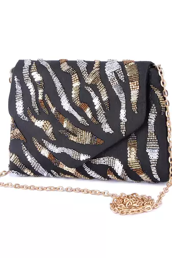 Black raw silk hand embroidered clutch bag