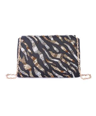 Black raw silk hand embroidered clutch bag 3