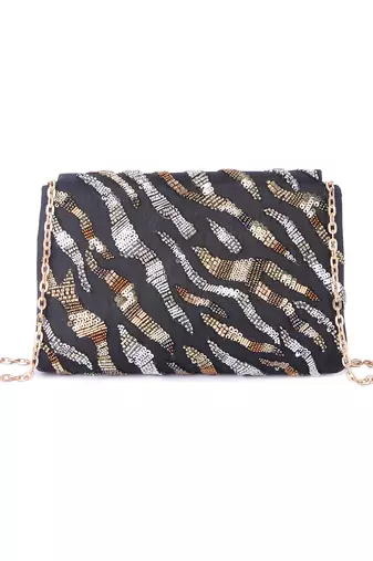 Black raw silk hand embroidered clutch bag