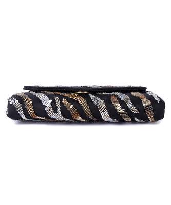 Black raw silk hand embroidered clutch bag 4