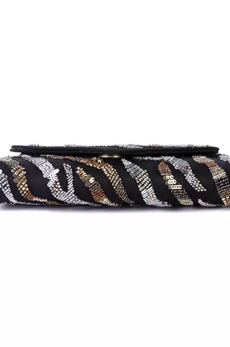 Black raw silk hand embroidered clutch bag