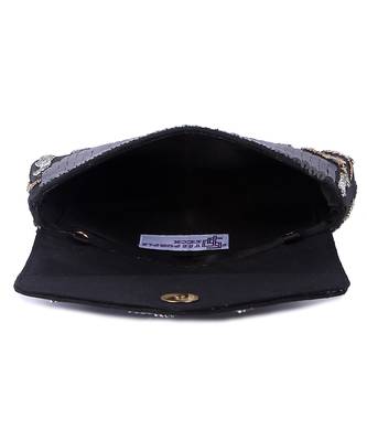 Black raw silk hand embroidered clutch bag 5