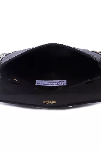 Black raw silk hand embroidered clutch bag
