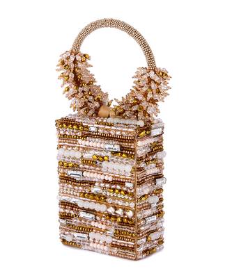Beige raw silk hand embroidered clutch bag 1