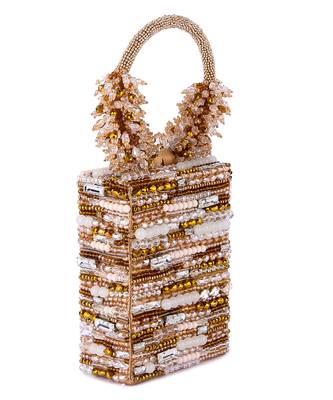 Beige raw silk hand embroidered clutch bag 2