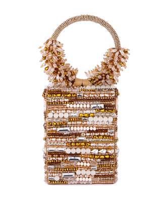 Beige raw silk hand embroidered clutch bag 3