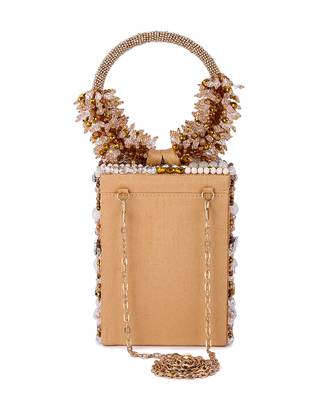 Beige raw silk hand embroidered clutch bag 4