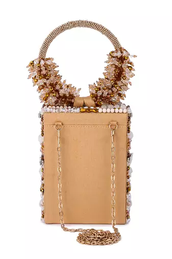 Beige raw silk hand embroidered clutch bag