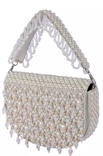 White raw silk hand embroidered clutch bag