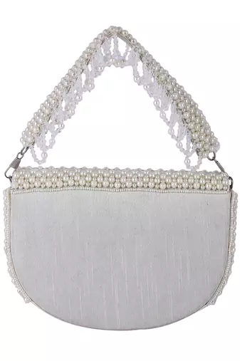 White raw silk hand embroidered clutch bag