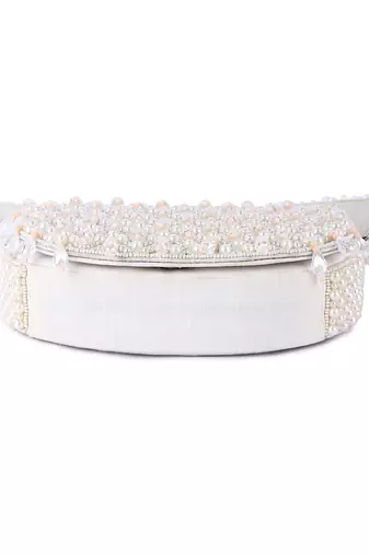 White raw silk hand embroidered clutch bag