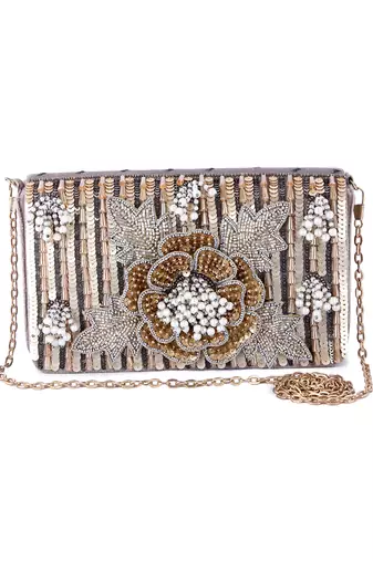 White velvet hand embroidered clutch bag