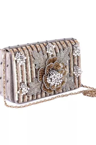 White velvet hand embroidered clutch bag