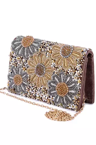 Black velvet hand embroidered clutch bag