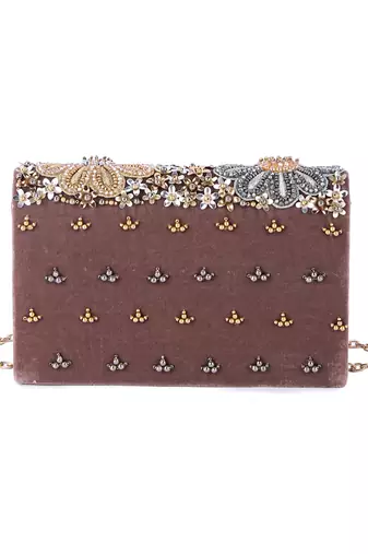 Black velvet hand embroidered clutch bag