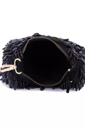 Black velvet hand embroidered clutch bag