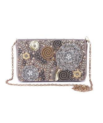 Grey velvet hand embroidered clutch bag 1