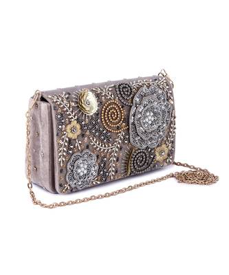 Grey velvet hand embroidered clutch bag 2