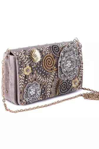 Grey velvet hand embroidered clutch bag