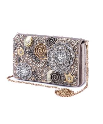 Grey velvet hand embroidered clutch bag 3