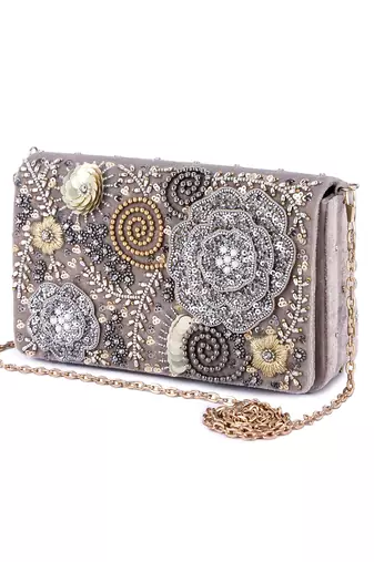 Grey velvet hand embroidered clutch bag
