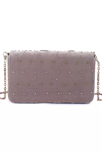 Grey velvet hand embroidered clutch bag