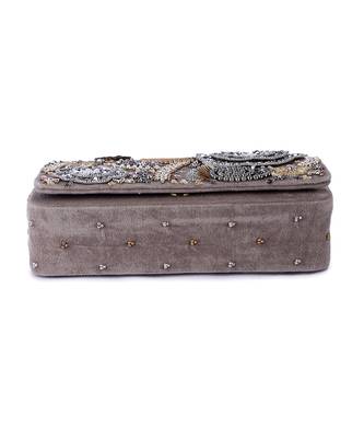 Grey velvet hand embroidered clutch bag 5