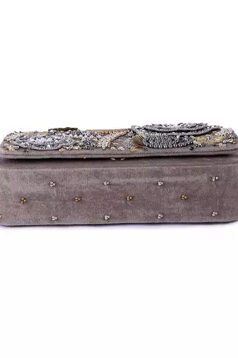 Grey velvet hand embroidered clutch bag