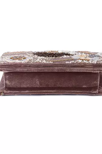 Brown velvet hand embroidered clutch bag