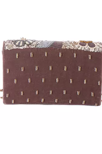 Brown velvet hand embroidered clutch bag