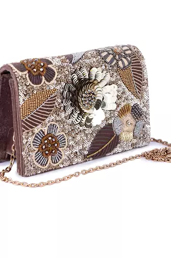 Brown velvet hand embroidered clutch bag