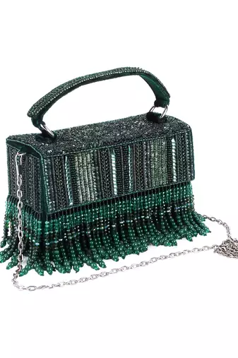 Green velvet hand embroidered clutch bag