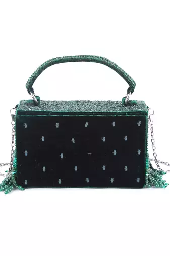 Green velvet hand embroidered clutch bag