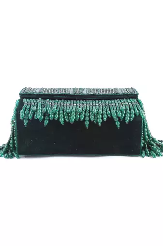 Green velvet hand embroidered clutch bag