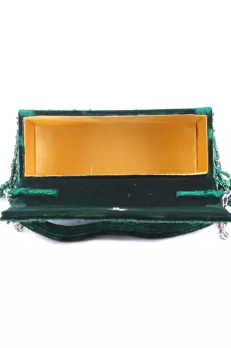 Green velvet hand embroidered clutch bag