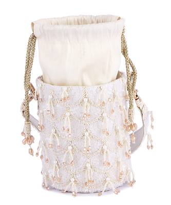 White raw silk hand embroidered potli bag 2