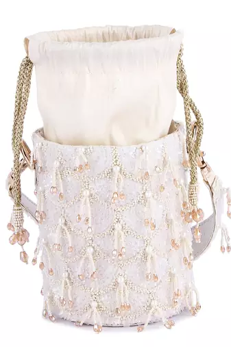 White raw silk hand embroidered potli bag