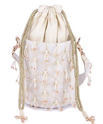 White raw silk hand embroidered potli bag 3