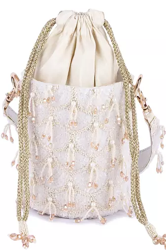 White raw silk hand embroidered potli bag
