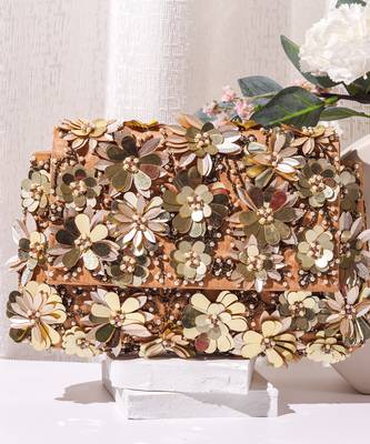 Beige raw silk hand embroidered clutch bag 1