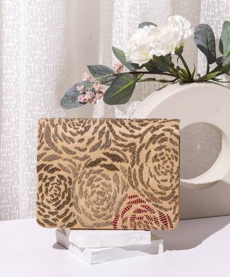 Beige raw silk hand embroidered clutch bag 1