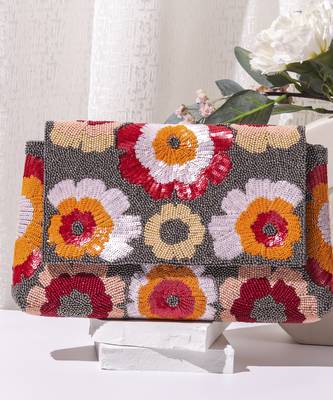 Grey raw silk hand embroidered clutch bag 1