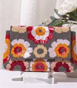 Grey raw silk hand embroidered clutch bag