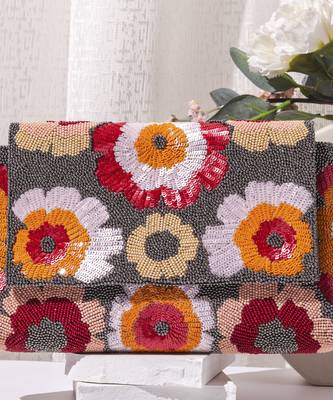 Grey raw silk hand embroidered clutch bag 2