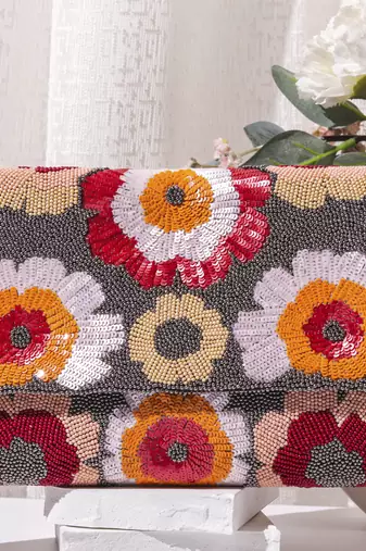 Grey raw silk hand embroidered clutch bag
