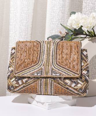 Brown leatherite hand embroidered clutch bag 1